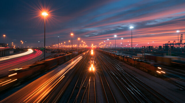 Freight Train Yard and Highway Traffic at Sunset