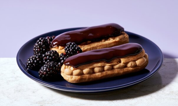 Chocolate eclairs with blackberries on blue plate
