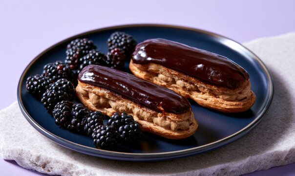 Eclairs with rich chocolate glaze and blackberries on blue plate