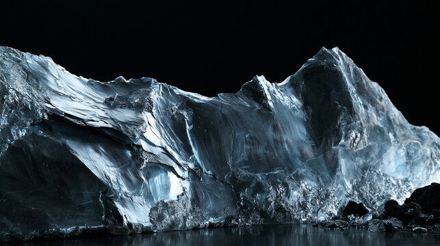 Dark Glacial Iceberg Floating in Water Against Black Background