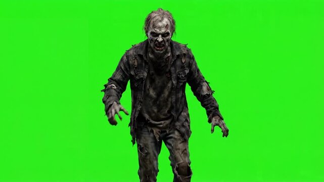Walking scary zombie man on a green screen background, chroma key
