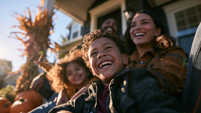 Happy Family Laughing Together on Porch in Autumn