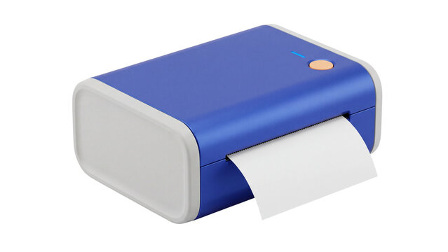 Compact blue thermal printer isolated PNG on transparent background