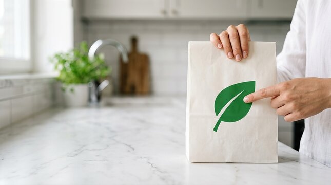 Woman hand pointing at paper bag with leaf icon. Hypoallergenic food delivery and healthy organic nutrition package. Safe grocery shopping concept for people with severe food allergy.