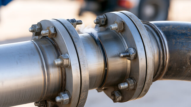 Industrial pipeline connection with metal flanges and bolts, showing a minor steam leak in an outdoor plant setting for engineering use