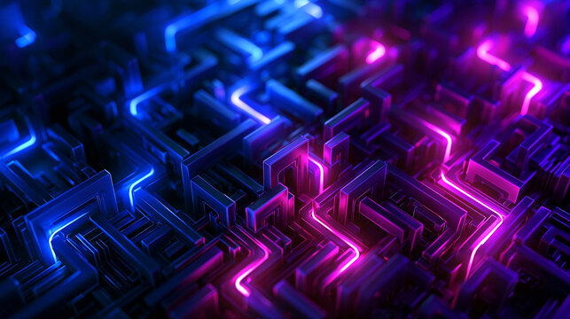 Digital Circuit Board with Glowing Neon Data Pathways
