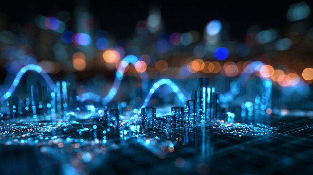 Smart City Model with Glowing Digital Data Wave