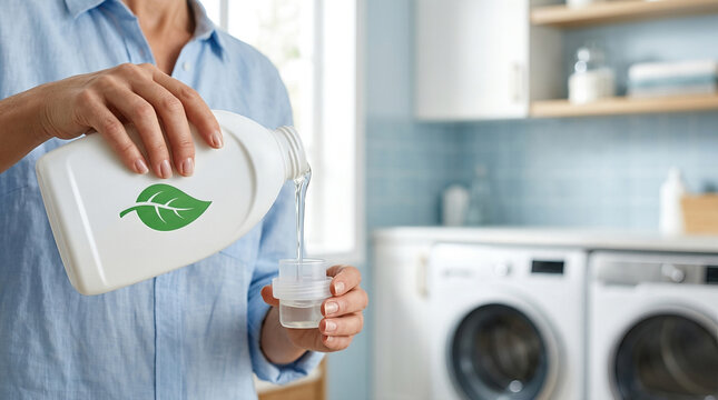 Woman pouring organic laundry detergent into measuring cup. Hypoallergenic washing liquid for clothes. Eco friendly cleaning product for sensitive skin and allergy prevention concept.