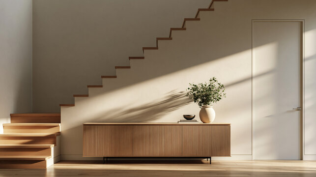 Minimalist Modern Interior with Wooden Stairs and Console Table