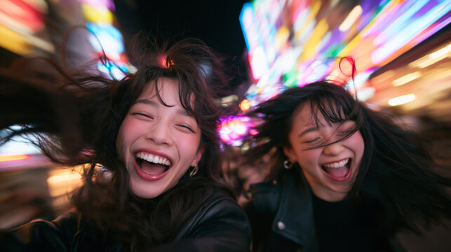 Excited Young Women Laughing Together in City Nightlife