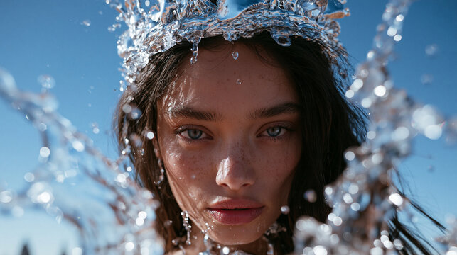 Woman with Water Crown and Splashes Beauty Portrait