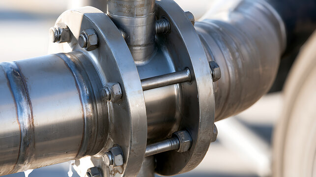 Industrial metal pipeline assembly featuring stainless steel pipes, secure flange connections, heavy bolts, and modern engineering design