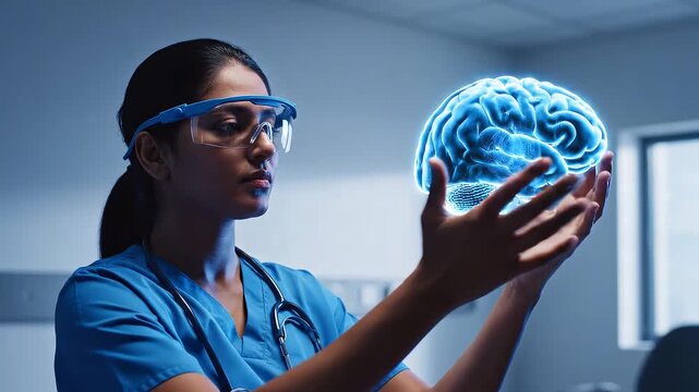 Healthcare professional interacts with a glowing digital brain model. Augmented reality supports futuristic neuroscience and medical research