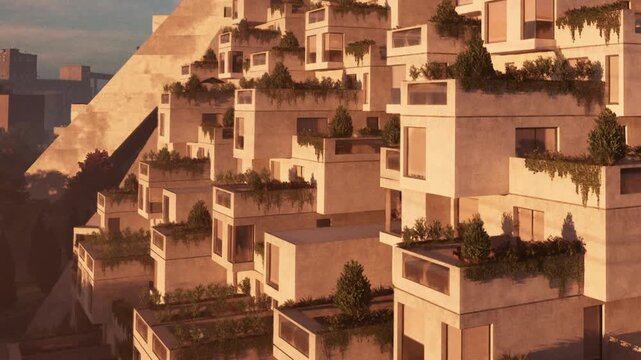 A building design with stacked sections and balconies filled with plants. It captures a unique blend of nature and living spaces in a city setting.