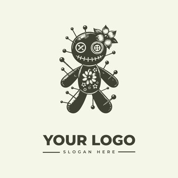 Vintage style voodoo doll logo design with pins and floral patterns.