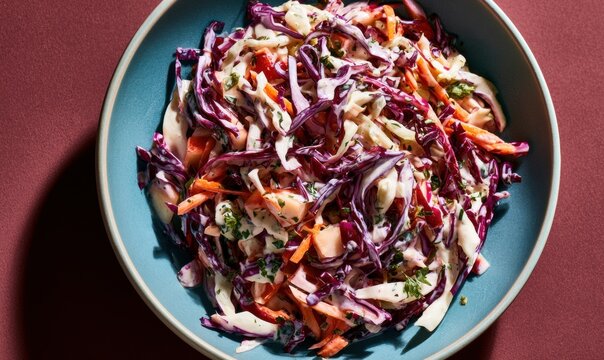 Colorful coleslaw with purple cabbage, carrots, and green herbs