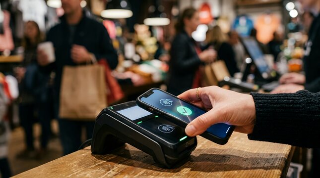 Customer using smartphone for contactless payment at a retail store checkout terminal
