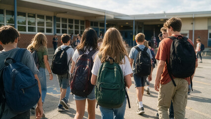 Obraz premium Teenage students with backpacks walking toward school entrance building on sunny campus outdoors; back to school, education