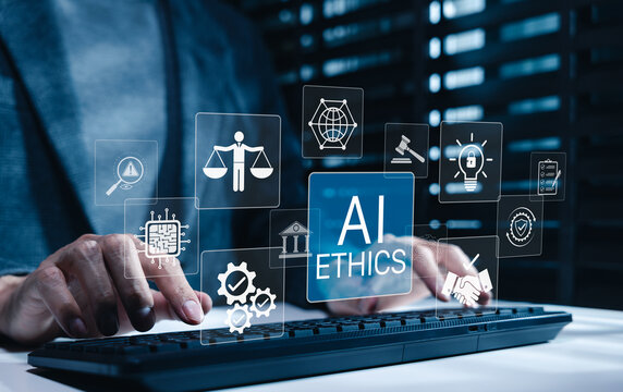 AI Ethics and Governance in Artificial Intelligence. Businessman typing keyboard with icons representing ethics, law, and governance in AI, importance of responsible AI usage, ethical decision-making