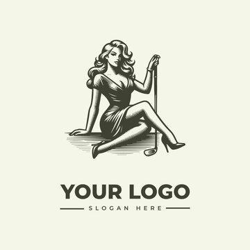 Elegant woman sitting with a golf club vintage style logo design illustration.