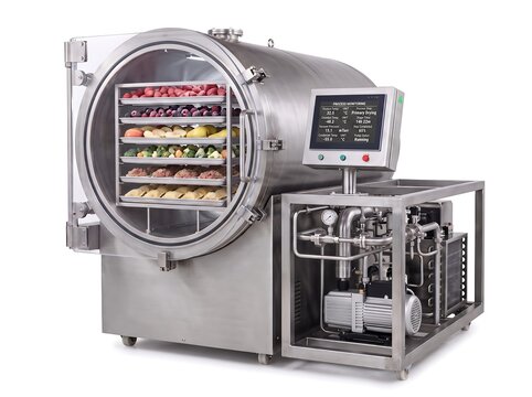 Industrial Freeze Dryer Vacuum Machine for Food Preservation Isolated on White/  Commercial Food Freeze Drying Equipment with Multi Layer Trays Isolated on White