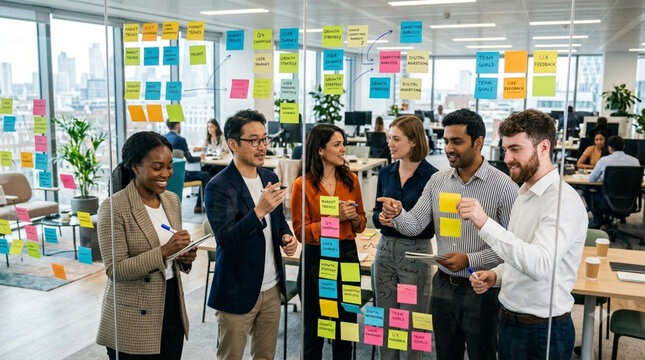 Multicultural business professionals brainstorming together in a collaborative office space with sticky notes glass wall diverse team project management modern workplace
