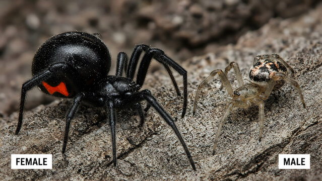 Labeled female vs male black widow, educational comparison