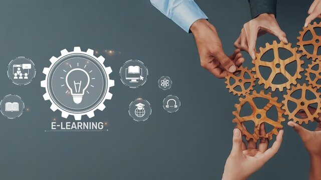 Two hands are seen working together on an innovative e-learning concept, highlighting the importance of collaboration and technology in modern education. Raster