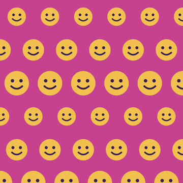 Groovy smiley face pattern background with yellow emoticons on a vibrant purple backdrop