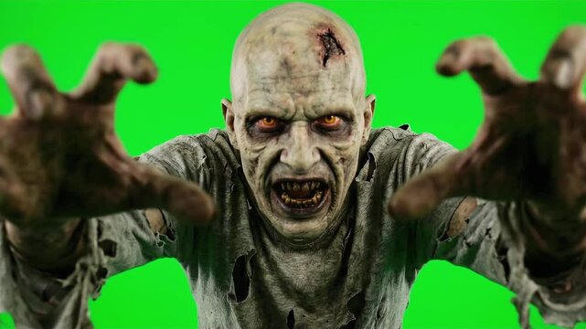 Scary zombie reaching out on a green screen background, chroma key