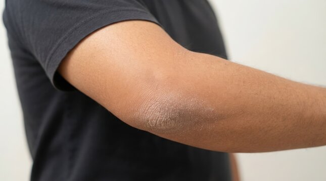 Close up of a person with dry flaky skin on their elbow showing signs of dermatitis