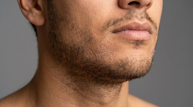 Close up of a man with stubble beard on his face against a grey background