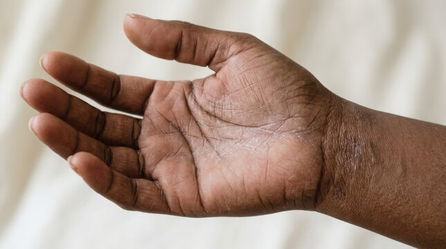 Close up of a human hand showing signs of dry skin and dermatological condition