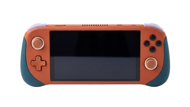 Orange handheld game console isolated PNG on transparent background