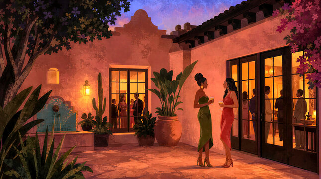 outdoor courtyard at dusk, featuring two women in formal attire conversing near a lit Spanish-style building with guests gathered inside.