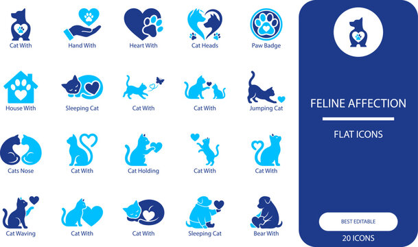 Pet love icons set. Silhouette vector illustration of cats, dogs, hearts and paws for animal care design