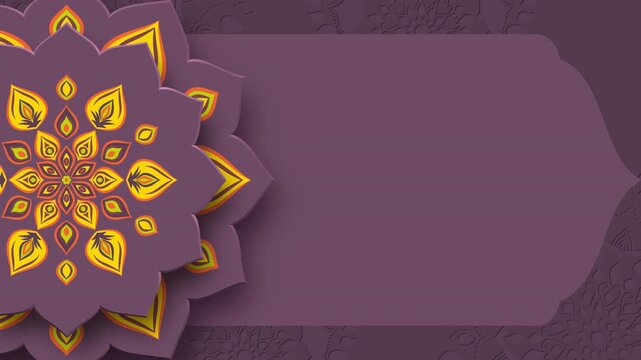 Rotating Indian Rangoli with copy space. Diwali festival of lights. Purple color background. 4K loop video animation.