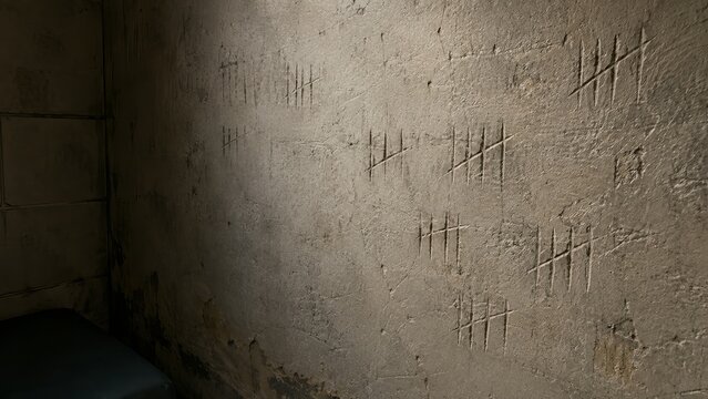 Prison cell wall covered with subtle tally scratches and worn texture