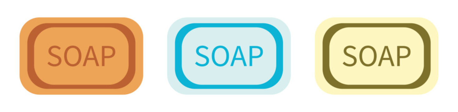 Variety of Soap Bars: Three colorful soap bars, each labeled SOAP, offer a range of choices for personal hygiene and cleanliness.