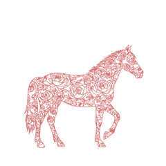 Obraz premium Elegant horse silhouette filled with intricate pink floral roses pattern line art vector illustration isolated on white background for design.