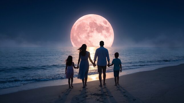 Family walking on the beach at night with a full moon  