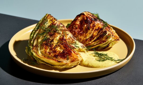Crispy roasted cabbage wedges with dill and sauce