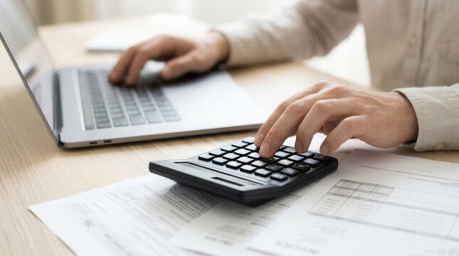 Young male accounting clerk using a convenient web service to fill in a tax declaration electronic form and handle financial paperwork.