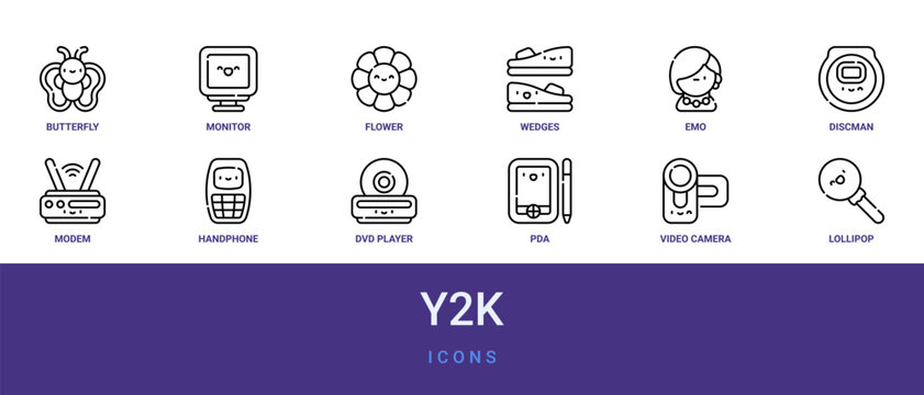 Set of 12 outline web Y2k icons such as lollipop, video camera, PDA, dvd player, handphone, modem, discman vector icons for report, presentation, diagram, web design, mobile app