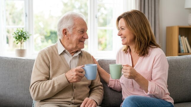 Happy smiling elderly father enjoying a conversation with his beloved grown daughter while discussing news over a cup of tea.