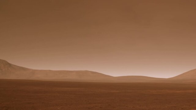 A vast Martian landscape unfolds under a muted sky. The horizon reveals rolling hills and mountains, exhibiting an otherworldly beauty. Silence reigns in this alien terrain.