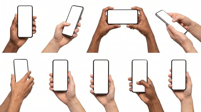 Hands holding blank smartphones in various positions and angles  