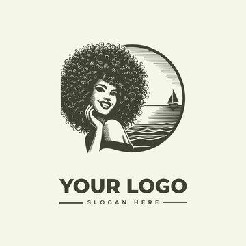 Elegant woman with afro hairstyle logo design featuring a sailboat on the horizon.