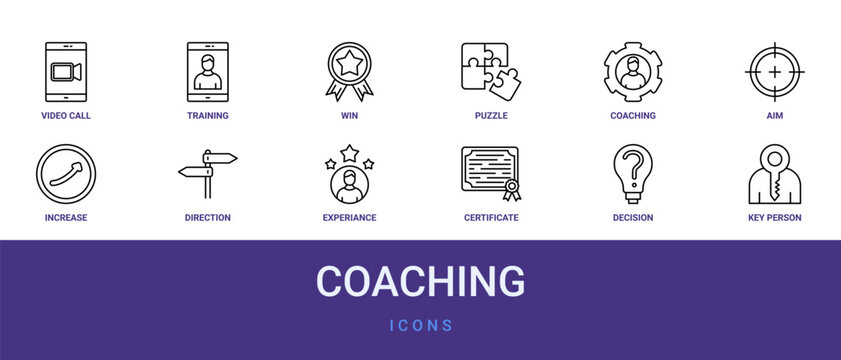Set of 12 outline web Coaching icons such as key person, decision making, certificate, experiance, direction, increase, aim vector icons for report, presentation, diagram, web design, mobile app