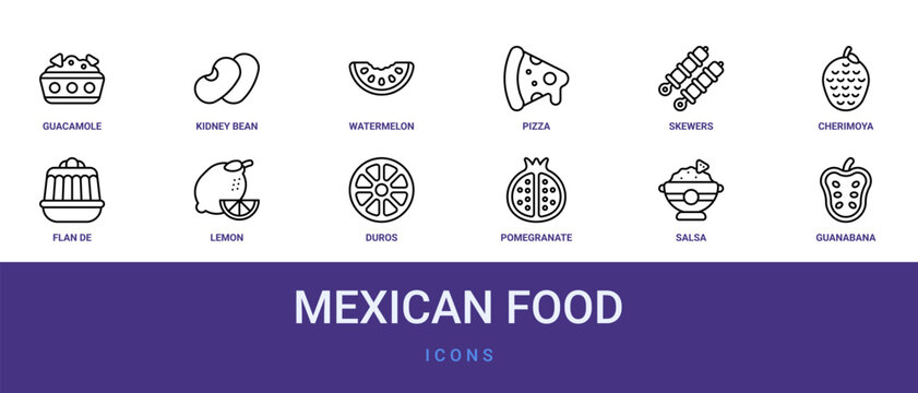 Set of 12 outline web Mexican Food icons such as guanabana, salsa, pomegranate, duros, lemon, flan de rompope, cherimoya vector icons for report, presentation, diagram, web design, mobile app